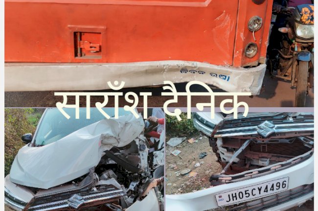 खड़ी बस से टकराकर कार क्षतिग्रस्त 